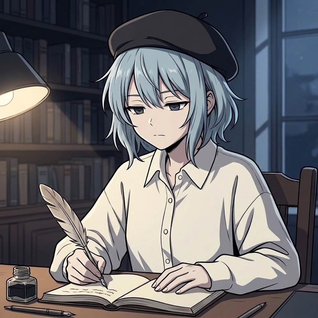 夜の書斎で羽ペンを執る朝霧あきの肖像
